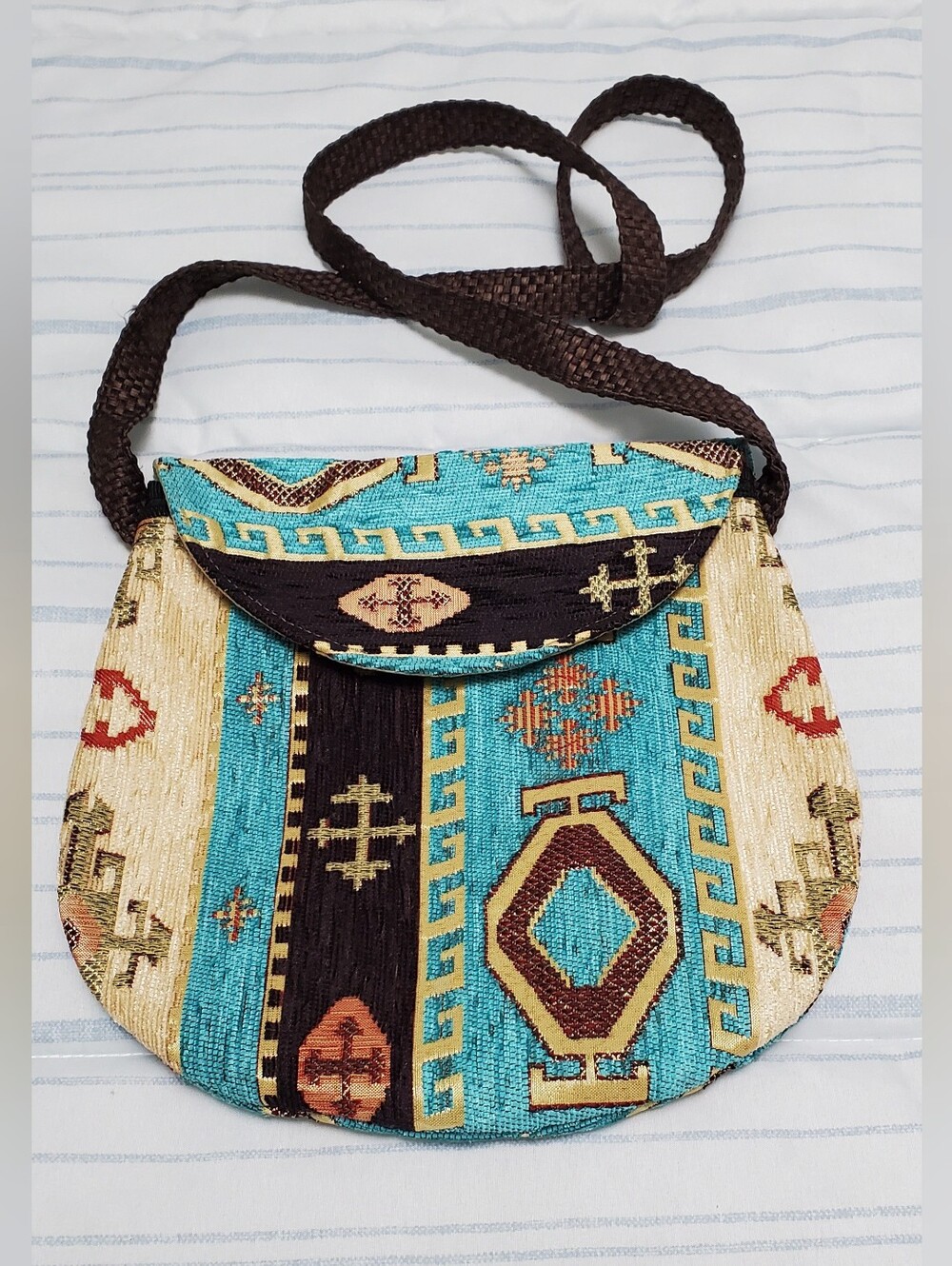 Turquoise & Brown Woven Crossbody Bag with Geometric Pattern Handmade In Turkey
